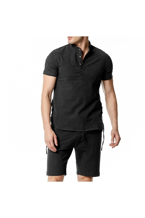Mens Cotton Linen 2 Piece Outfits Beach Vacation Outfits Summer Shorts Sets Lightweight Lounge Sets Elastic Waist Shorts Set