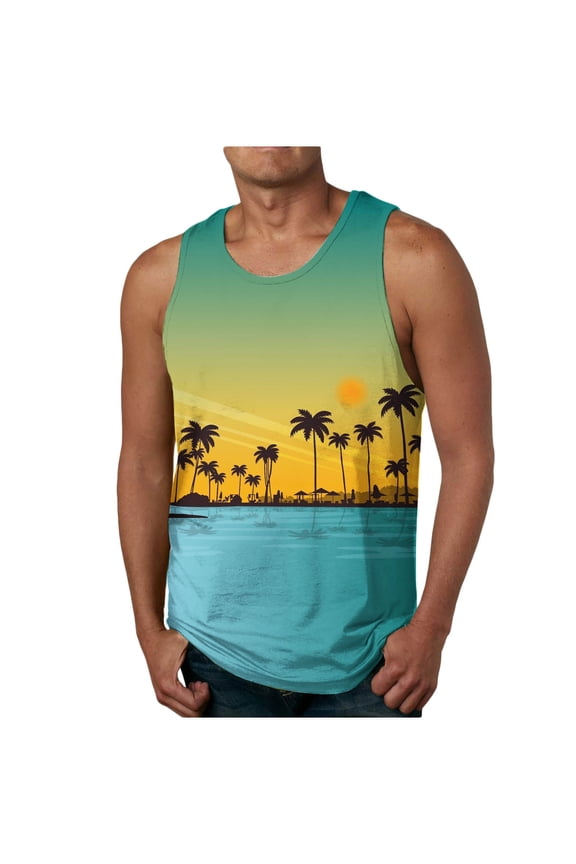 Mens Hawaiian Tank Tops Palm Tree Sleeveless Shirts Plus Size Crewneck Shirts Summer Loose Fit Shirts Cut Off Shirts