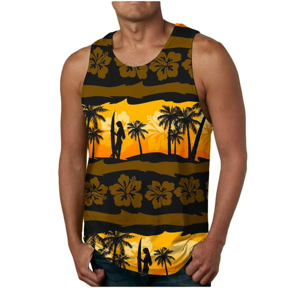 AIEOTT Mens Palm Tree Tank Tops Graphic Print Tank Top Big and Tall Crewneck Shirts Summer Hawaii Shirts Casual Sleeveless Shirts