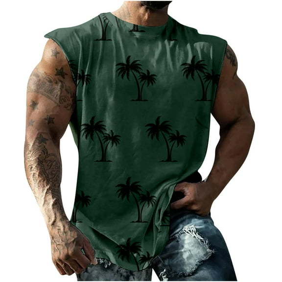 AIEOTT Mens Palm Tree Tank Tops Muscle Gym Shirt Big and Tall Cut Off Shirts Summer Hawaiian Shirts Loose Fit Crewneck Shirt