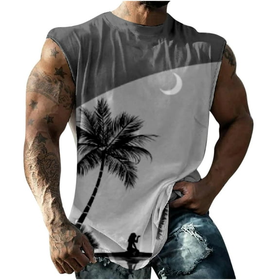 AIEOTT Mens Palm Tree Tank Tops Plus Size Cut Off Shirt Crewneck Sleeveless Tops Hawaii Beach Shirts Summer Casual Tank Tops