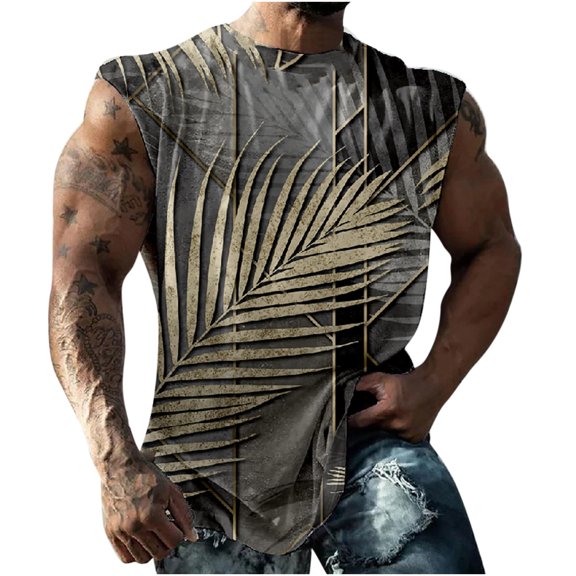 AIEOTT Mens Palm Tree Tank Tops Plus Size Cut Off Shirt Crewneck Sleeveless Tops Hawaii Beach Shirts Summer Casual Tank Tops