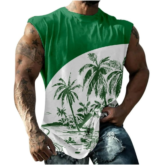 AIEOTT Mens Palm Tree Tank Tops Plus Size Cut Off Shirt Crewneck Sleeveless Tops Hawaii Beach Shirts Summer Casual Tank Tops