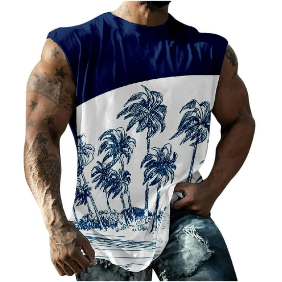AIEOTT Mens Palm Tree Tank Tops Plus Size Cut Off Shirt Crewneck Sleeveless Tops Hawaii Beach Shirts Summer Casual Tank Tops