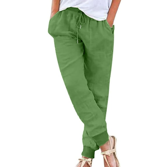AIEOTT Summer Linen Pants for Women 2025 Casual Breathable Pants Loose Fit Beach Pants Plus Size Elastic Waist Pants with Pockets
