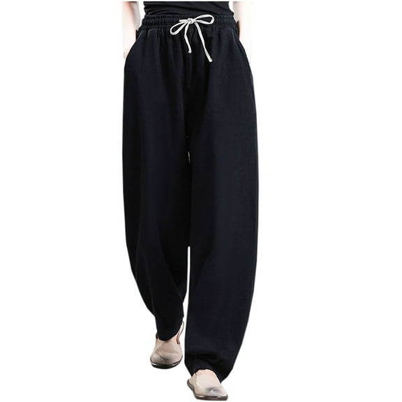 AIEOTT Womens Casual Cotton Linen Baggy Pants Casual Elastic Waist Pants Plus Size Lounge Pants Loose Fit Trousers with Pockets