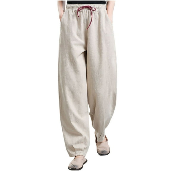 AIEOTT Womens Casual Cotton Linen Baggy Pants Casual Elastic Waist Pants Plus Size Lounge Pants Loose Fit Trousers with Pockets