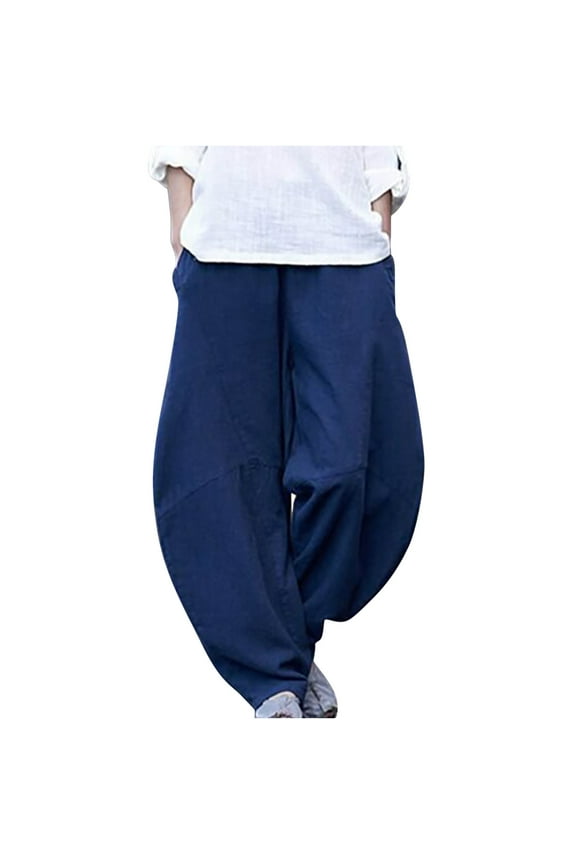 Womens Casual Cotton Linen Baggy Pants Loose Fit Harem Pants Elastic Waist Lounge Pants Summer Beach Pants with Pockets