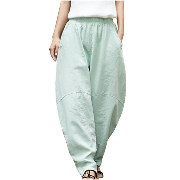 AIEOTT Womens Casual Cotton Linen Baggy Pants Loose Fit Harem Pants Elastic Waist Lounge Pants Summer Beach Pants with Pockets
