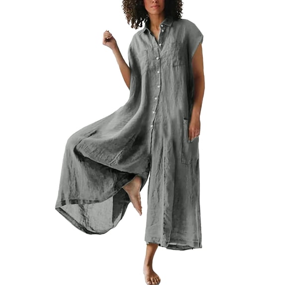 AIEOTT Womens Linen Jumper Overalls Button Down Jumpsuit with Short Sleeve Casual Rompers Wide Leg Baggy Jumpsuit with Pockets