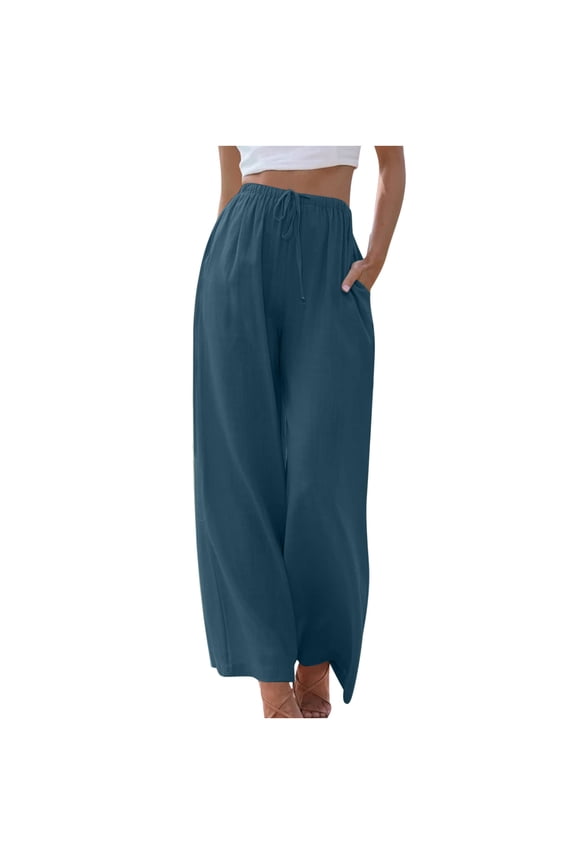 Womens Wide Leg Linen Pants High Waisted Baggy Pants Loose Fit Lounge Pants Solid Color Sumer Pants Breathable Pants