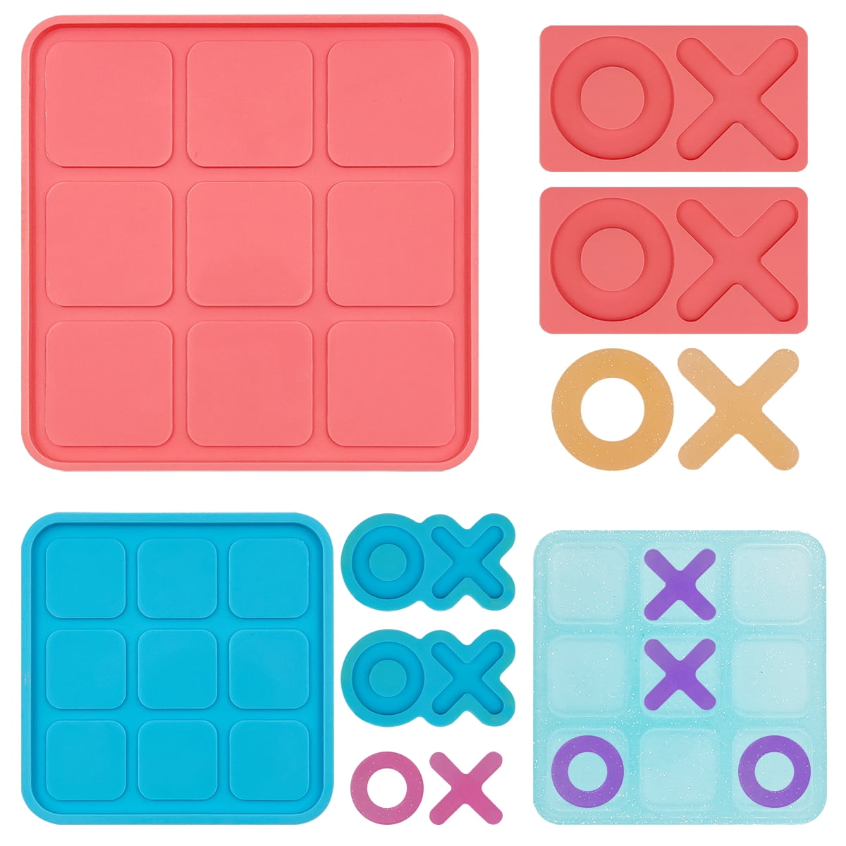 AIFUDA 2 Set Tic Tac Toe Resin Molds, Each Set , x o Board Game Red and Blue Silicone Molds for Resin Casting, DIY Tabletop Board Game for Kids and Adults