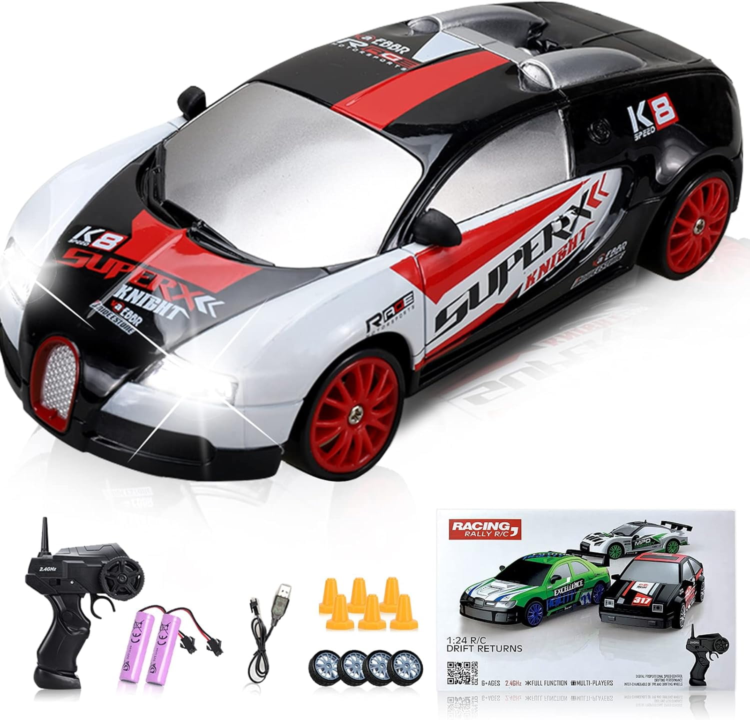 AIGIA 1:24 Scale Remote Control Car RC Drift Car 2.4GHz 4WD 15KM/H High Speed Two Batteries and Extra Tires Toys