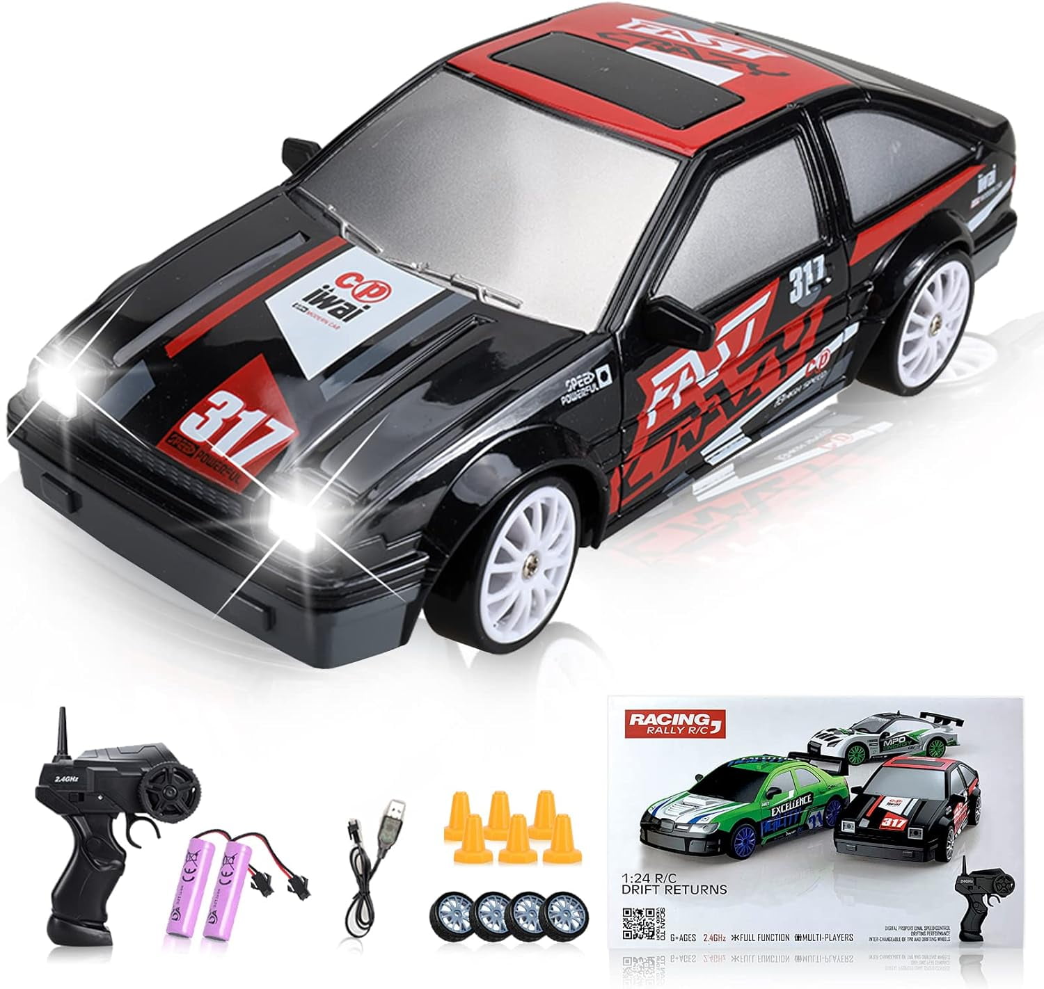 AIGIA 1:24 Scale Remote Control Car RC Drift Car 2.4GHz 4WD 15KM/H High Speed Two Batteries and Extra Tires Toys