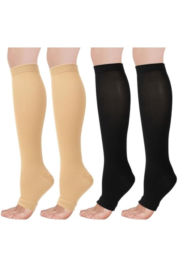 AIGIA 2 Pairs Toeless Compression Socks for Women Men Knee High Length Compression Stockings Flying Running Travel Working All Day Wear