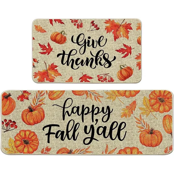 AIGIA 2PCS/Set Fall Pumpkin Kitchen Rugs Non Skid Washable Kitchen Floor Mats for Home Decor