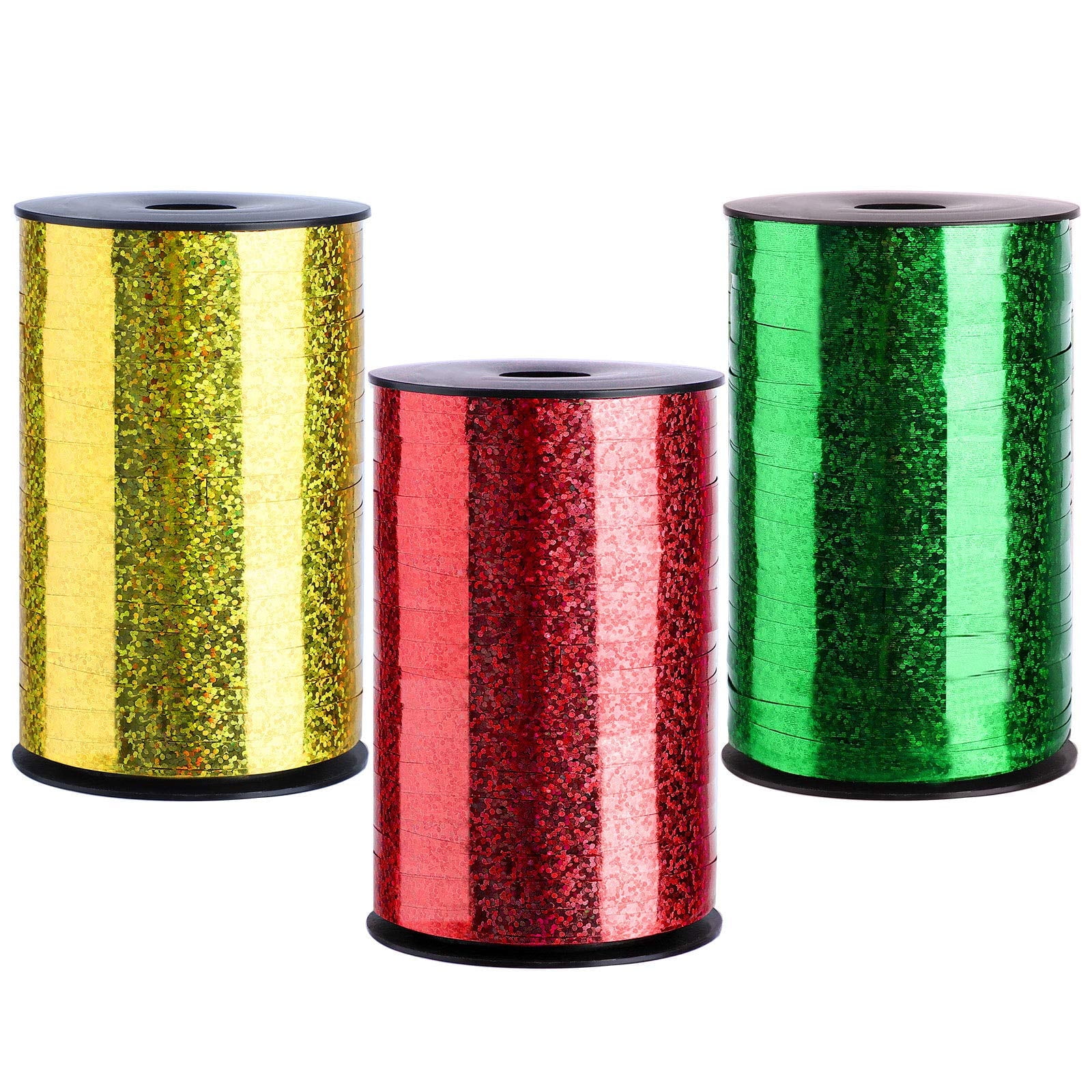 AIGIA 3 Roll Shiny Metallic Balloon Ribbon 0.2 Inch Wide by 750 Yard Spool Christmas Curling Ribbon Gift Wrapping Ribbon Red, Green, Gold for Christmas Parties Birthday Wedding Holiday Crafts