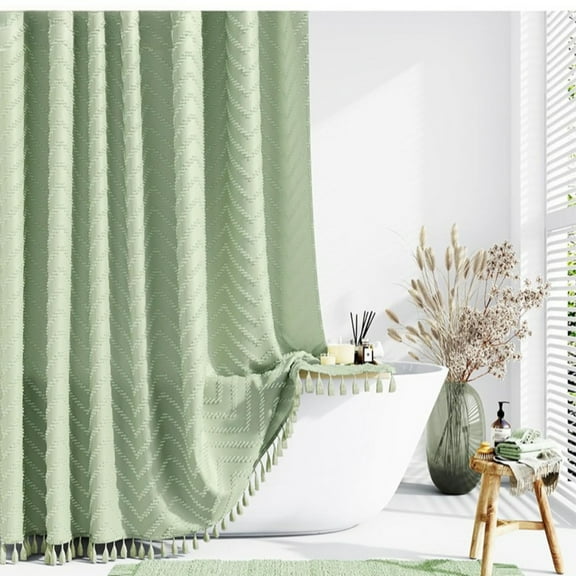 AIGIA Boho Farmhouse Shower Curtain Striped Textured Tassel Shower Curtains for Bathroom Water Repellent Minimalist Cloth Shower Curtain Set with Hook