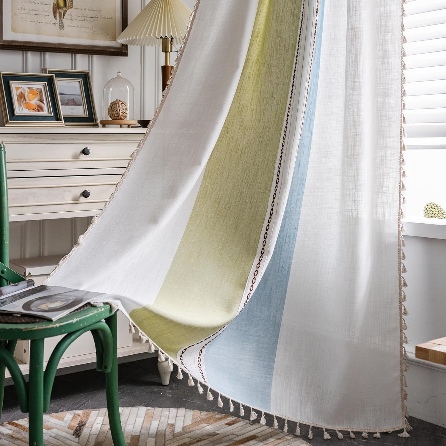 AIGIA Boho Linen Curtains for Bedroom Living Room Semi Blackout Farmhouse Tassels Bohemian Embroidery Drape Rod Pocket 1 Panel