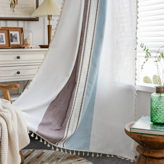 AIGIA Boho Linen Curtains for Bedroom Living Room Semi Blackout Farmhouse Tassels Bohemian Embroidery Drape Rod Pocket 1 Panel