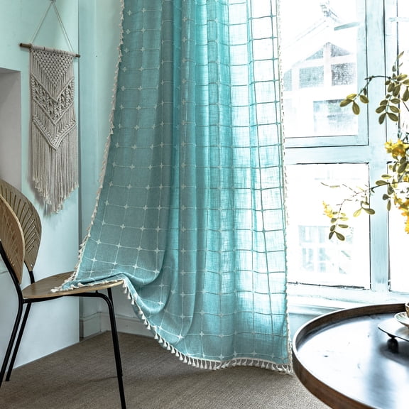AIGIA Farmhouse Semi-Blackout Window Curtain 1 Panel Cotton Linen Curtains with Tassel Rod Pocket Window Drapes for Dining Living Bedroom