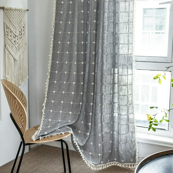AIGIA Farmhouse Semi-Blackout Window Curtain 1 Panel Cotton Linen Curtains with Tassel Rod Pocket Window Drapes for Dining Living Bedroom