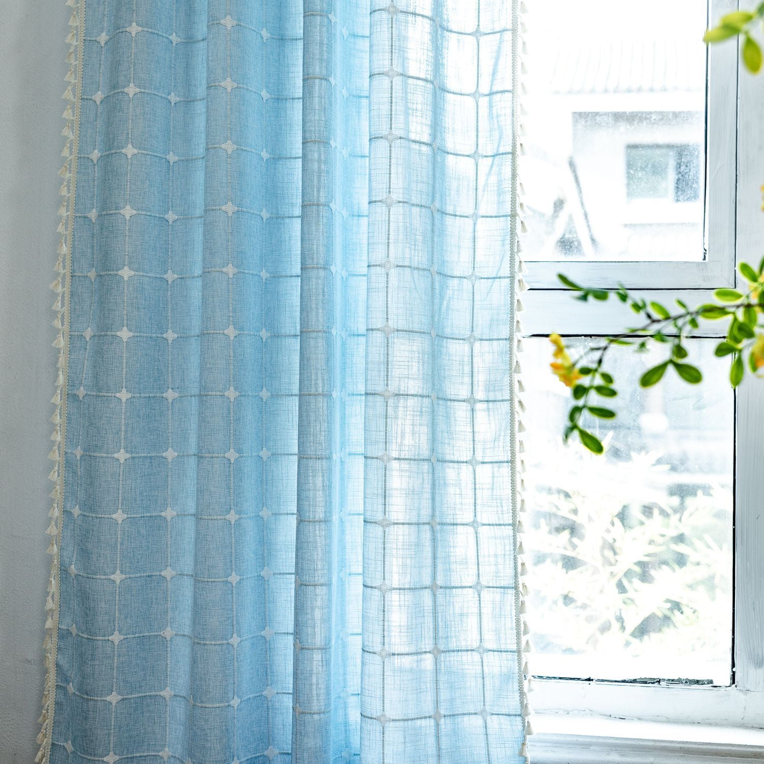 AIGIA Farmhouse Semi-Blackout Window Curtain 1 Panel Cotton Linen Curtains with Tassel Rod Pocket Window Drapes for Dining Living Bedroom