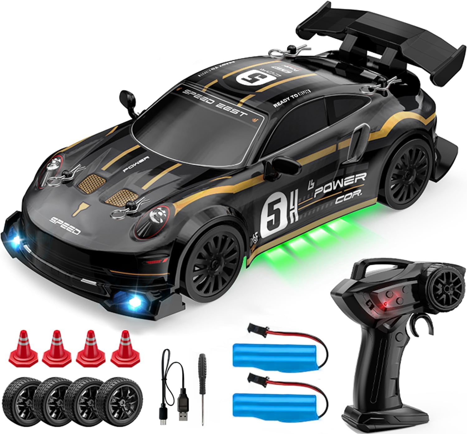 AIGIA RC Drift Car 1:24 Scale 30KM/H High Speed 4WD 2.4GHz Racing Sport Toy Car with LED Lights Racing and Drift Wheels
