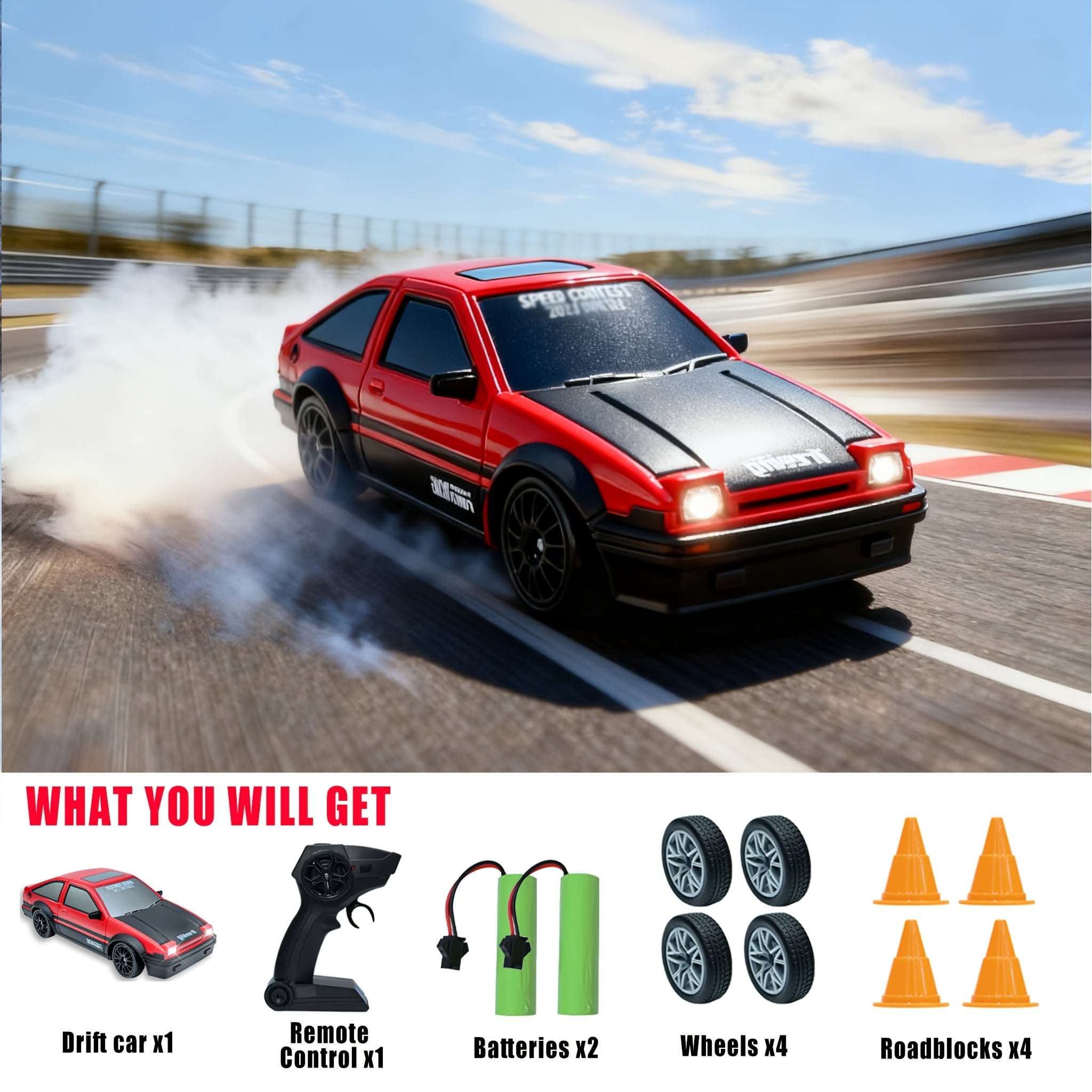 AIGIA Remote Control Car 2.4GHz 1:24 Scale 4WD 20KM/H High Speed RC Drift Car Model Vehicle with LED Lights Drifting Tire Racing Car