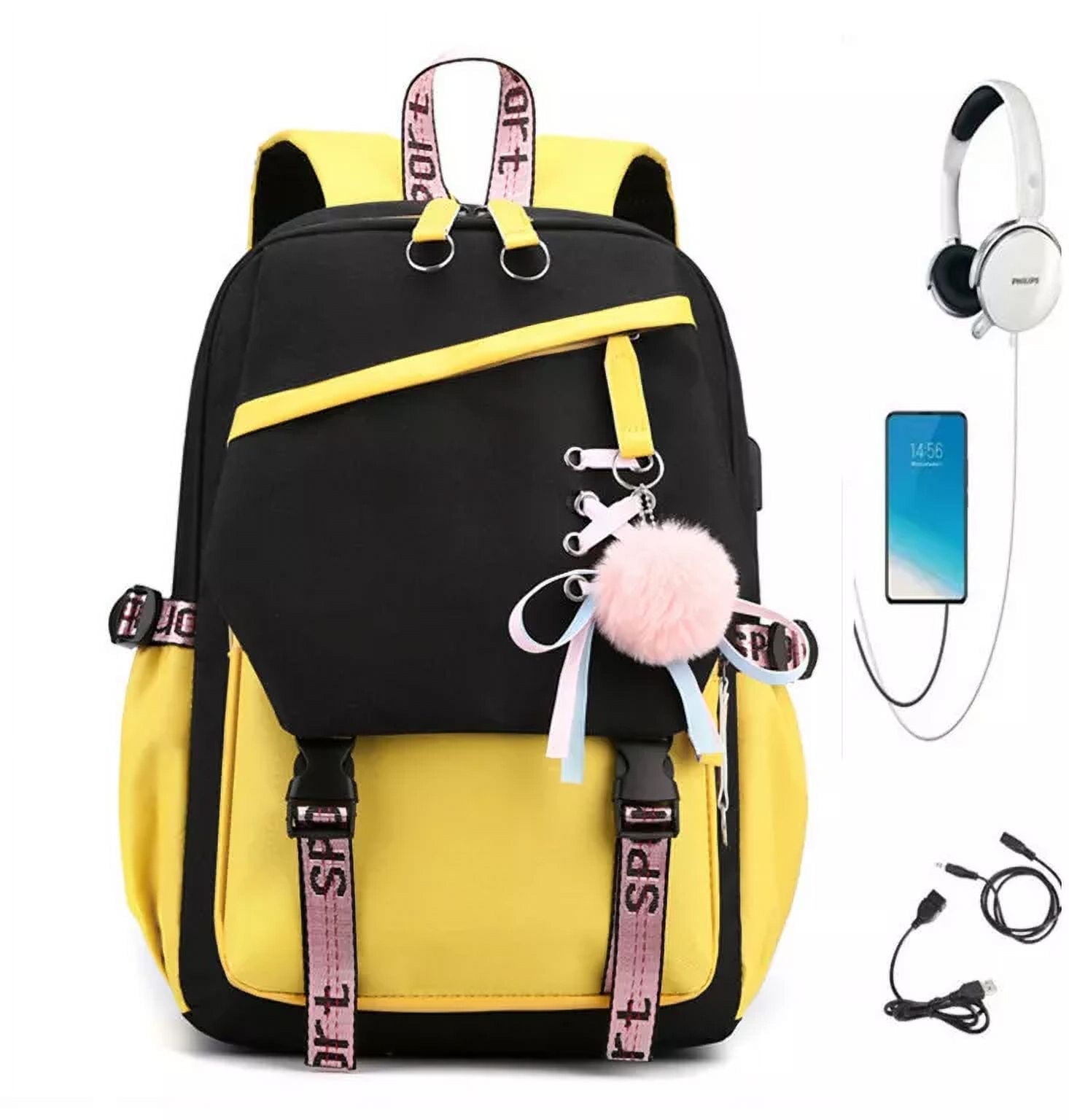backpack for headphones laptops ipads phones books cords AIGIA School Bookbag with USB Charging Port Backpack Laptop Travel Shoulder  School Book Bag Rucksack