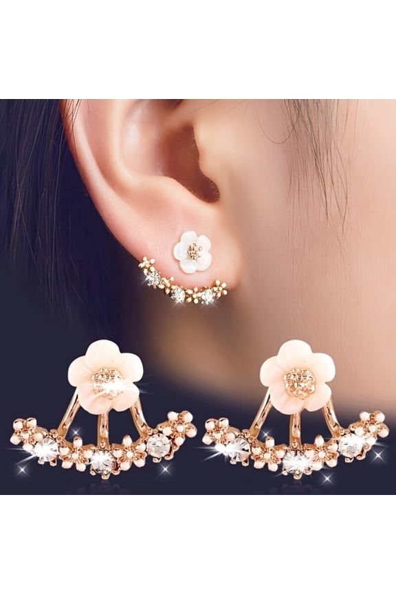 Women Crystal Stud Earrings Femme Flower Earrings Jewelry Front Back Earrings Elegant Flower Jewelry