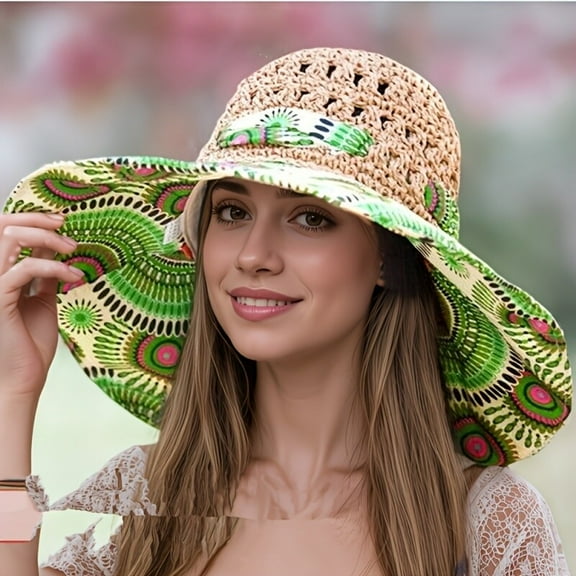 AIGIA Women Summer Anti-UV Wide Brim Beach Hats Women Flower Floppy Foldable Roll up Cap Breathable Big Bowknot Straw Cap