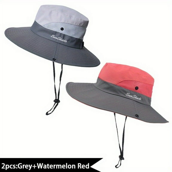 AIGIA Women's Ponytail Safari Sun Hat Wide Brim UV Protection Outdoor Bucket Hat Foldable Beach Summer Fishing Hat 2 Pack