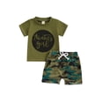 thumbnail image 1 of Argulvti Baby Girl Cotton Summer Outfits, Round Neck Short Sleeve Letter Print Tops + Elastic Waist Camouflage Shorts Set, 1 of 7