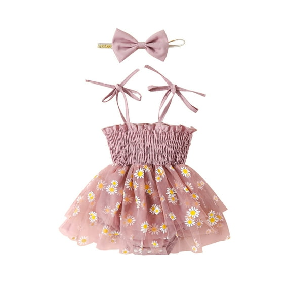 Argulvti Baby Girls Romper Set, Spaghetti Straps Pleated Flower Print Tulle Patchwork A-line Dress with Bowknot Headband