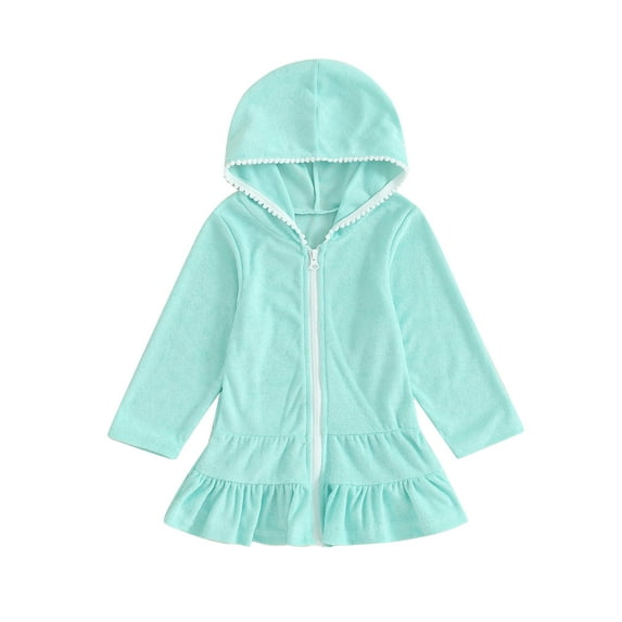 Argulvti Child Girls Hoodie Dress Polyester Solid Color Ruffled Zipper Long Sleeves Beach Dress