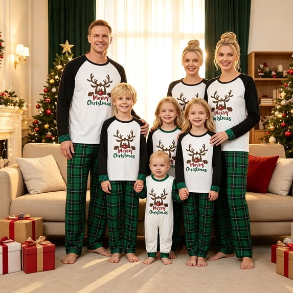 AIGUR Christmas Family Pajamas Matching Set, Long Sleeve Elk Letters T-shirt with Plaid Pants Sleepwear Loungewear