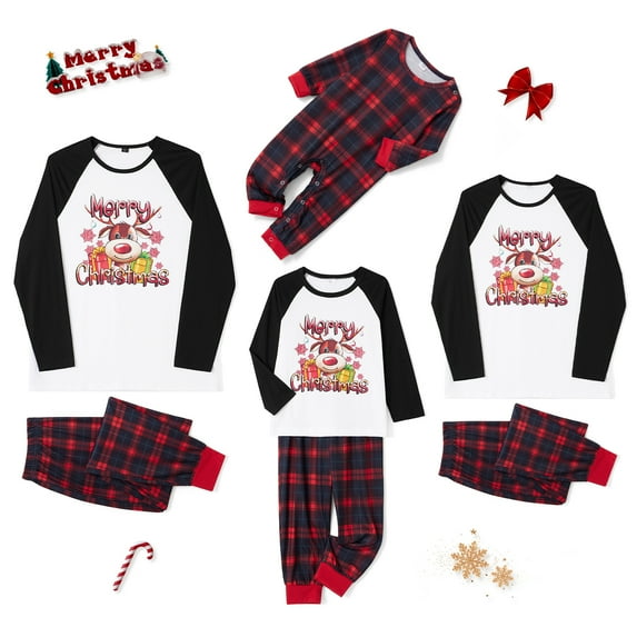 Argulvti Christmas Family Pajamas Matching Set, Long Sleeve Elk Print T-shirt with Plaid Pants Sleepwear Loungewear