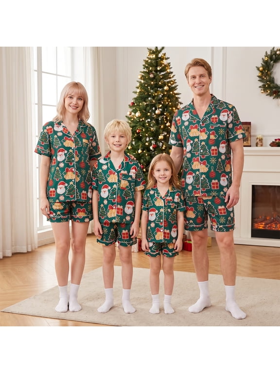 Christmas Family Pajamas Matching Set Short Sleeve Christmas Elements Print Shirt Shorts Sleepwear