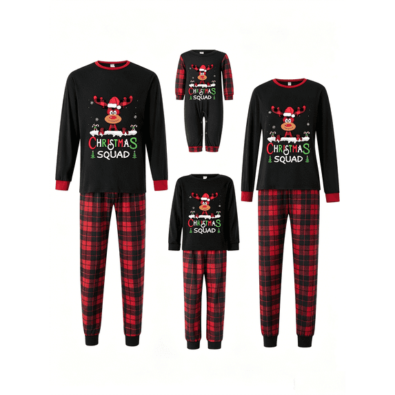AIGUR Christmas Pajamas for Family Long Sleeve Cartoon Elk Print Tops + Buffalo Plaid Pants Set Winter Sleepwear