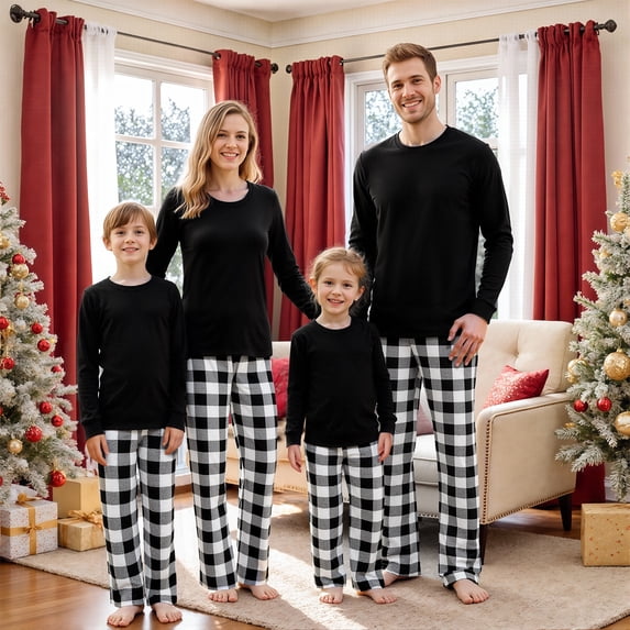 AIGUR Family Christmas Pajamas, Family Matching Christmas Pajama Set Long Sleeve Round Neck Tops/Romper Plaid Print Trousers