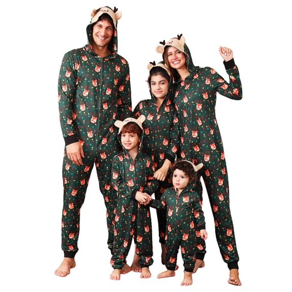 AIGUR Family Christmas Pajamas, Long Sleeve Hooded Deer Print Zipper Closure Jumpsuit Loungewear