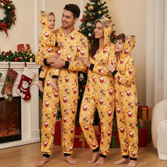 AIGUR Family Matching Christmas Jumpsuits Pajamas Letter/Santa/Tree/Print Hooded Long Sleeve Playsuits Autumn Zipper Long Rompers