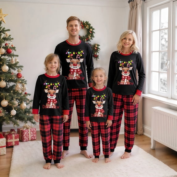 AIGUR Family Matching Christmas Pajama Set Christmas Reindeer Print Long Sleeve Tops with Plaid Pants 2Pcs Family Sleepwear