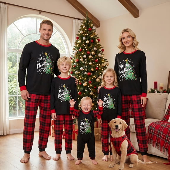 AIGUR Family Matching Christmas Pajama Set Christmas Tree Letters Print Long Sleeve Crew Neck Tops and Plaid Pants Loungewear
