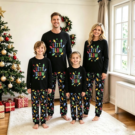 AIGUR Family Matching Christmas Pajama Set Colorful String Lights Print Long Sleeve Tops + Pants Set Sleepwear Loungewear