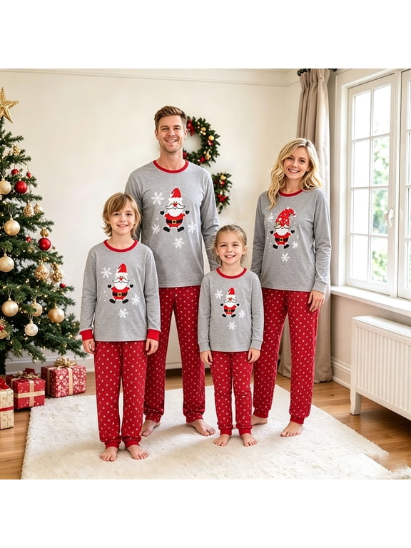 Family Matching Christmas Pajama Set, Cute Santa Claus Snowflake Print Red Trim Crew Neck Long Sleeve Tops Red Mini Snowflake Print Cuff Jogger Pants Holiday Sleepwear Loungewear for Mom Dad