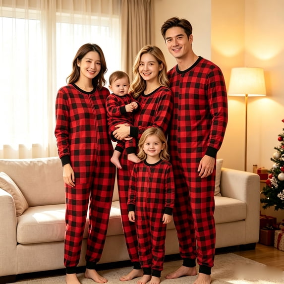 AIGUR Family Matching Christmas Pajama Set, Family Matching Christmas Pajamas Set Plaid Print Long Sleeve Button Down Full Length Jumpsuit Holiday Sleepwear