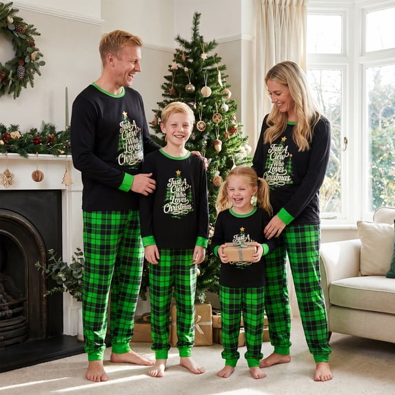 AIGUR Family Matching Christmas Pajama Set Fashion Long Sleeve Christmas Tree Printed Tops with Plaid Pants 2Pcs Family Sleepwear