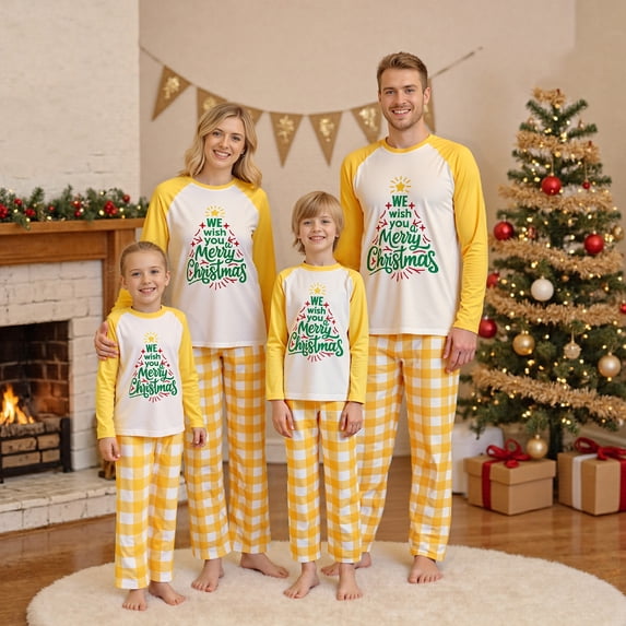 AIGUR Family Matching Christmas Pajama Set Letter Print Tops and Plaid Pants Holiday Pajamas Sleepwear Dad Mom PJs